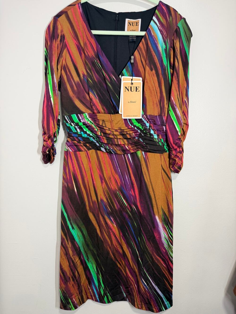 New Nue by Shani vibrant multi color long sleeve Shapewear dress Size 10